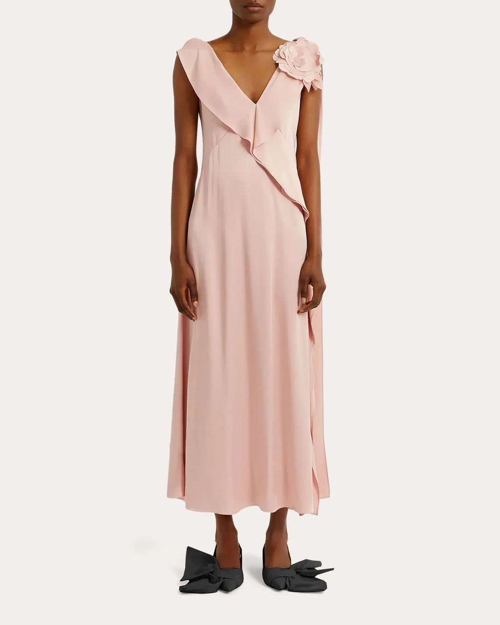 Romantic Sheath Deep V Neck Ruffle Sleeve Open Back Midi Floor Length Prom Dress