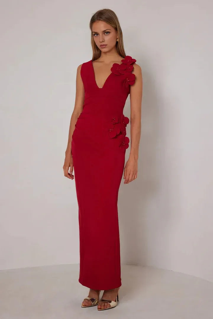 Romantic Sheath Deep V Neck Sleeveless Flower Accent Open Back Floor Length Hot Sale Prom Dress