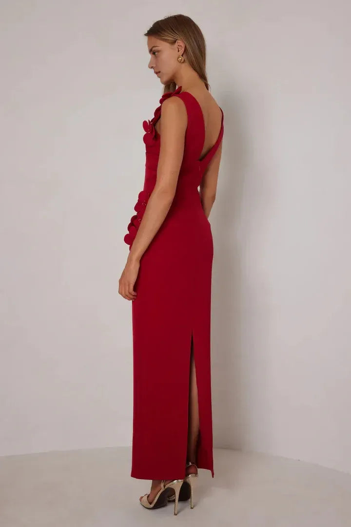 Romantic Sheath Deep V Neck Sleeveless Flower Accent Open Back Floor Length Hot Sale Prom Dress