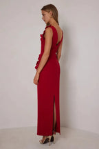 Romantic Sheath Deep V Neck Sleeveless Flower Accent Open Back Floor Length Hot Sale Prom Dress
