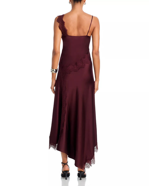 Robe de bal midi asymétrique romantique fourreau décolleté plongeant bretelles fines dentelle