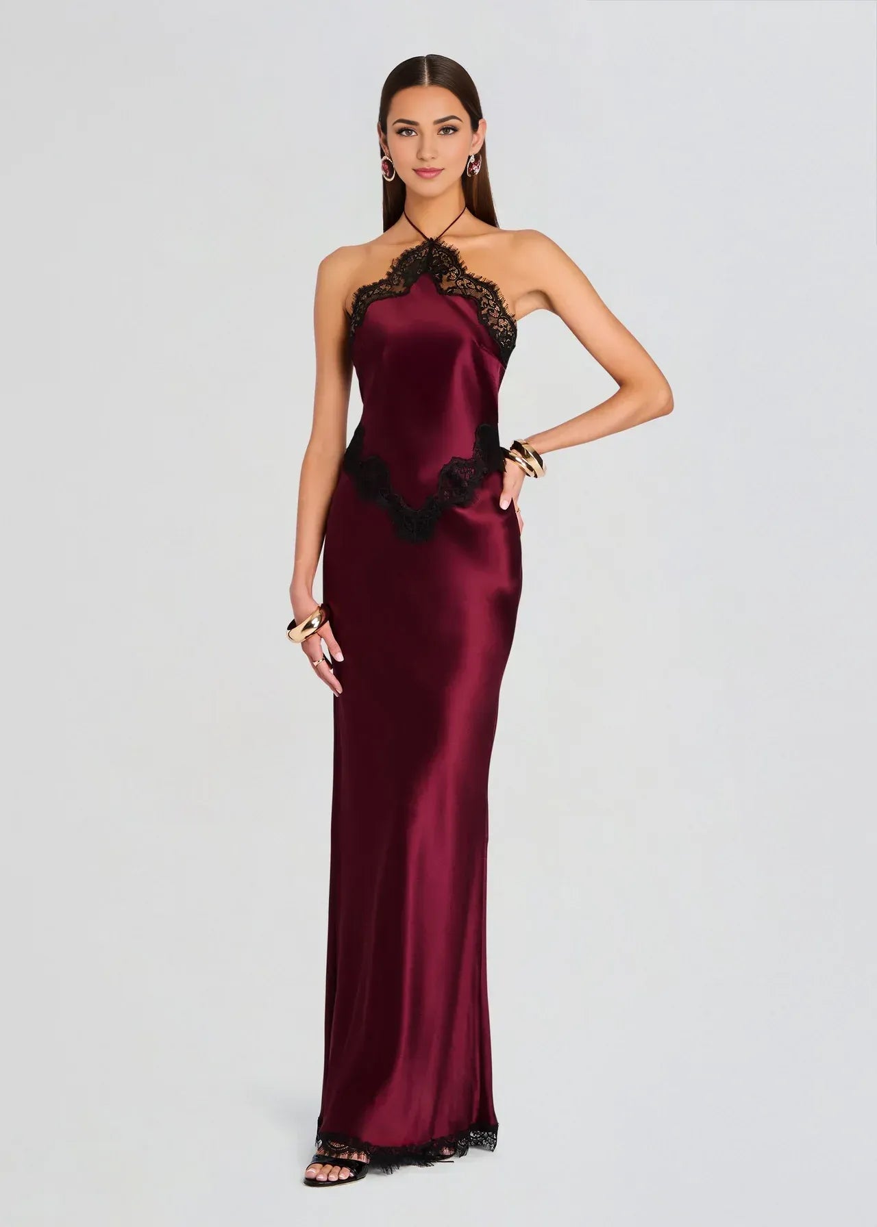 Romantic Sheath Halter Neck Sleeveless Lace Accent Floor Length Plus Size Prom Dress
