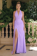 Romantic Sheath Halter V-Neck Sleeveless Open Back Floor Length Prom Dress