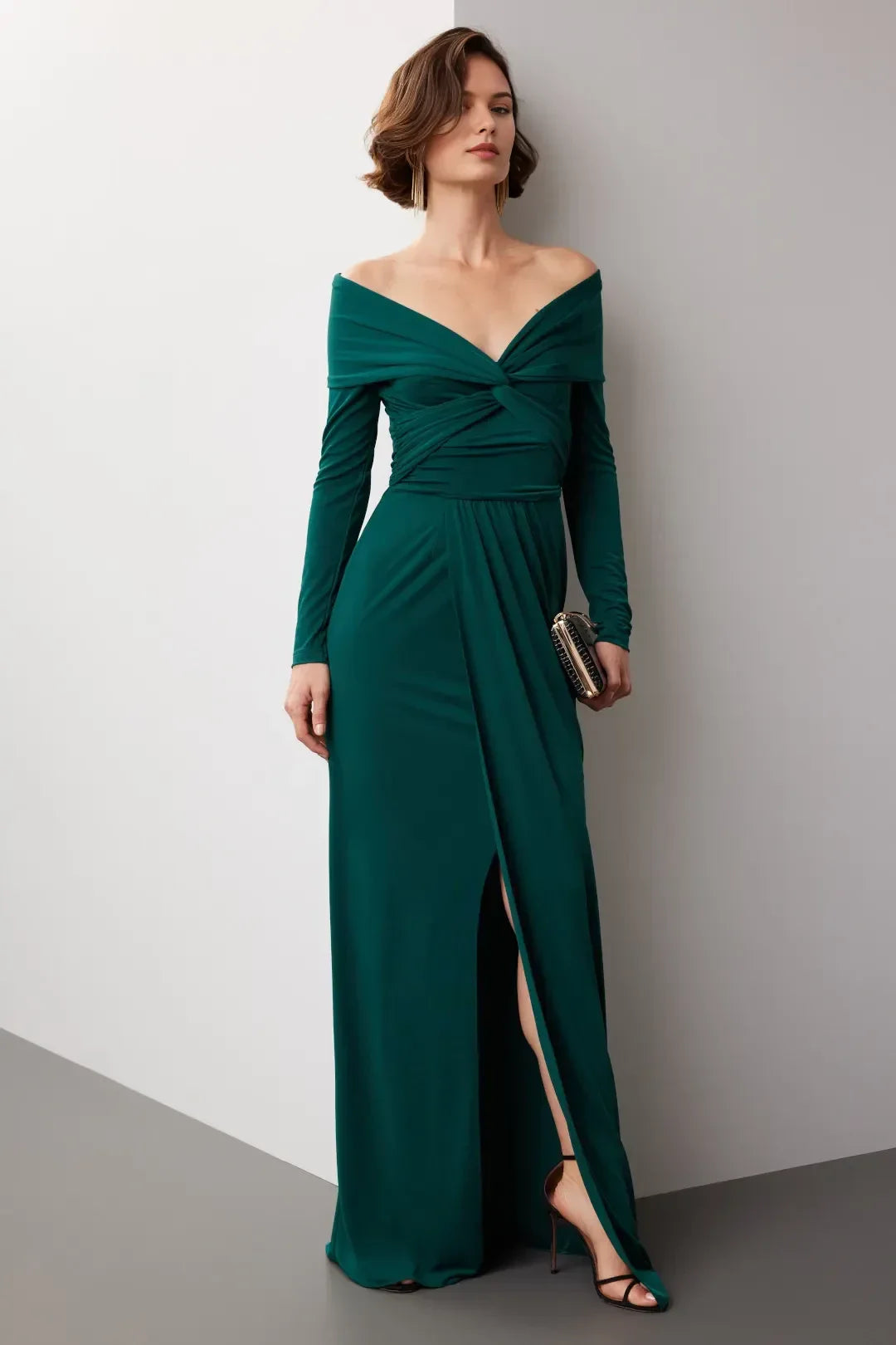 Romantic Sheath Off Shoulder Long Sleeve Knot Front Floor Length Plus Size Prom Dress