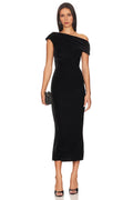 Romantic Sheath Off Shoulder Short Sleeve Ruched Back Slit Back Midi Length Evening Dress