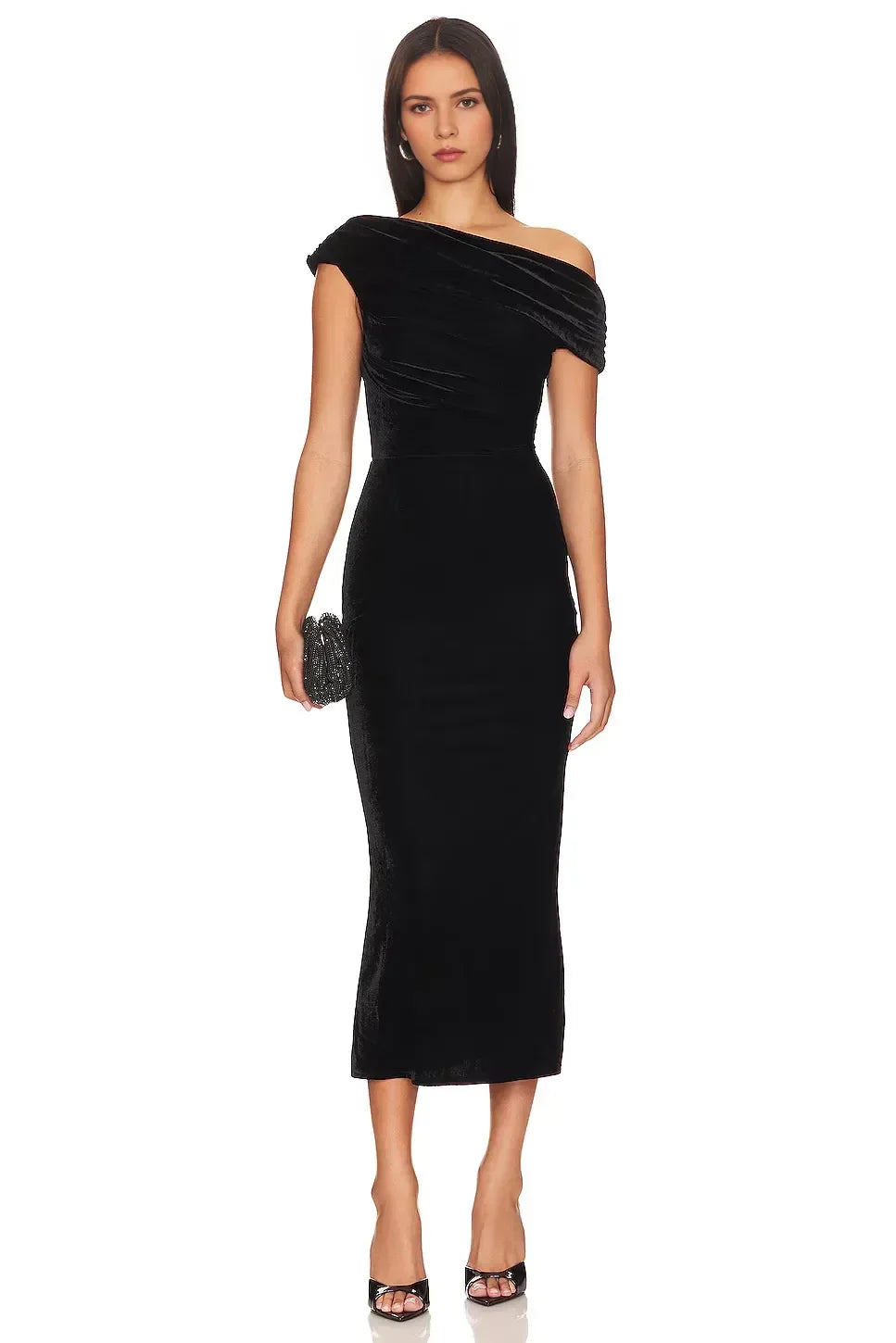 Romantic Sheath Off Shoulder Short Sleeve Ruched Back Slit Back Midi Length Evening Dress