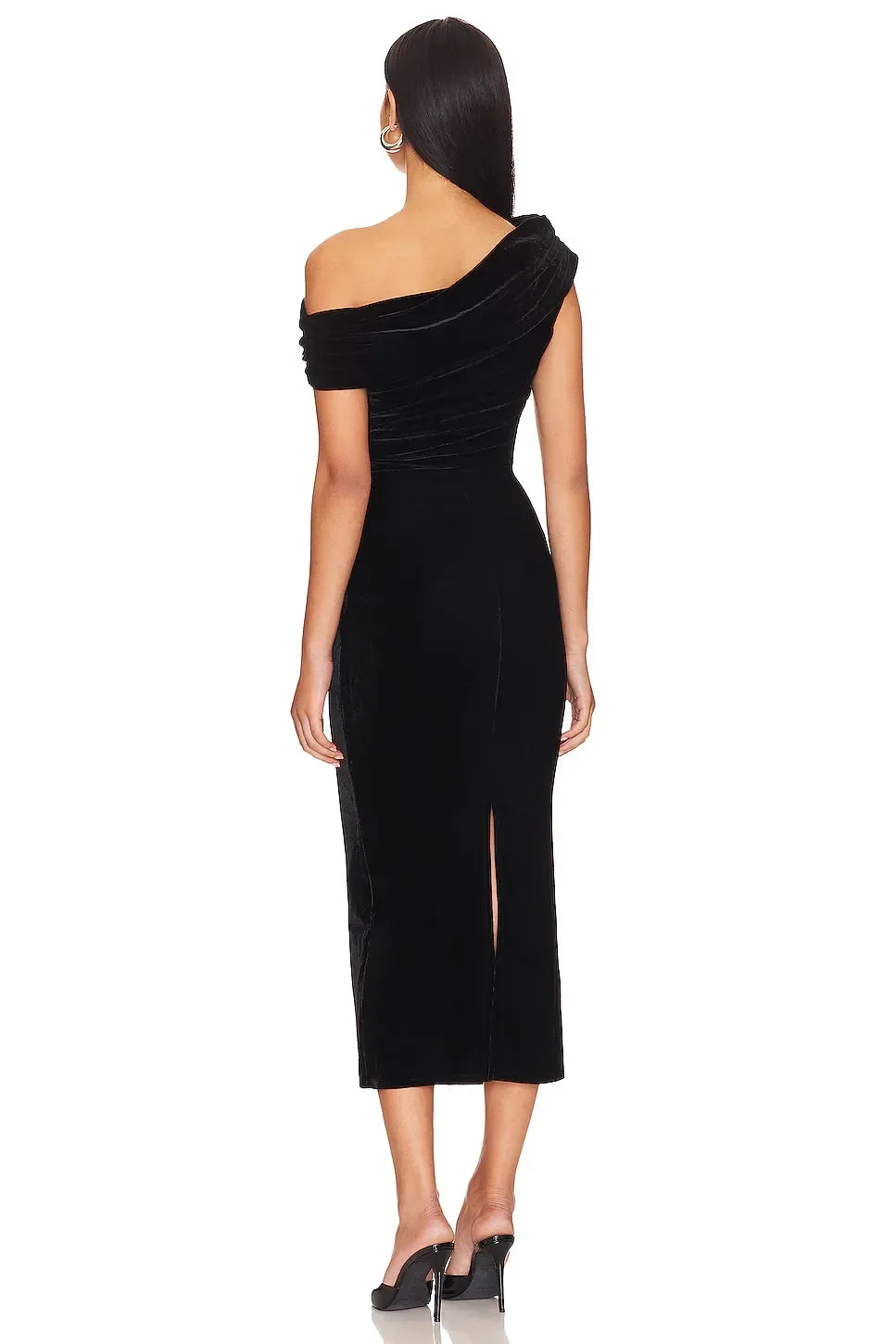 Romantic Sheath Off Shoulder Short Sleeve Ruched Back Slit Back Midi Length Evening Dress