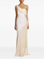 Romantic Sheath One Shoulder Draped Sleeve Open Back Floor Length Female Prom Dress