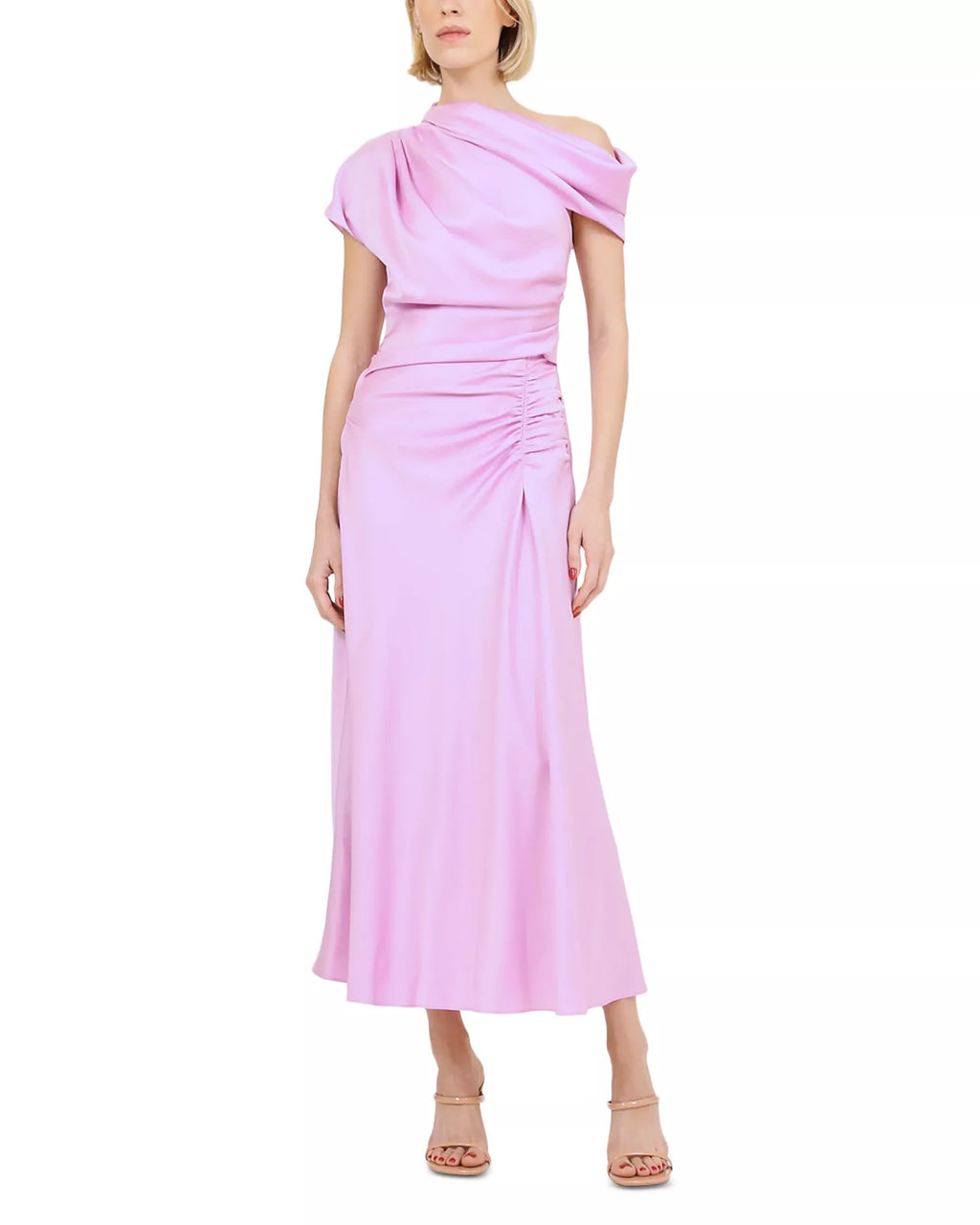 Romantic Sheath One Shoulder Draped Sleeve Ruched Back Midi For Sale Prom Dress