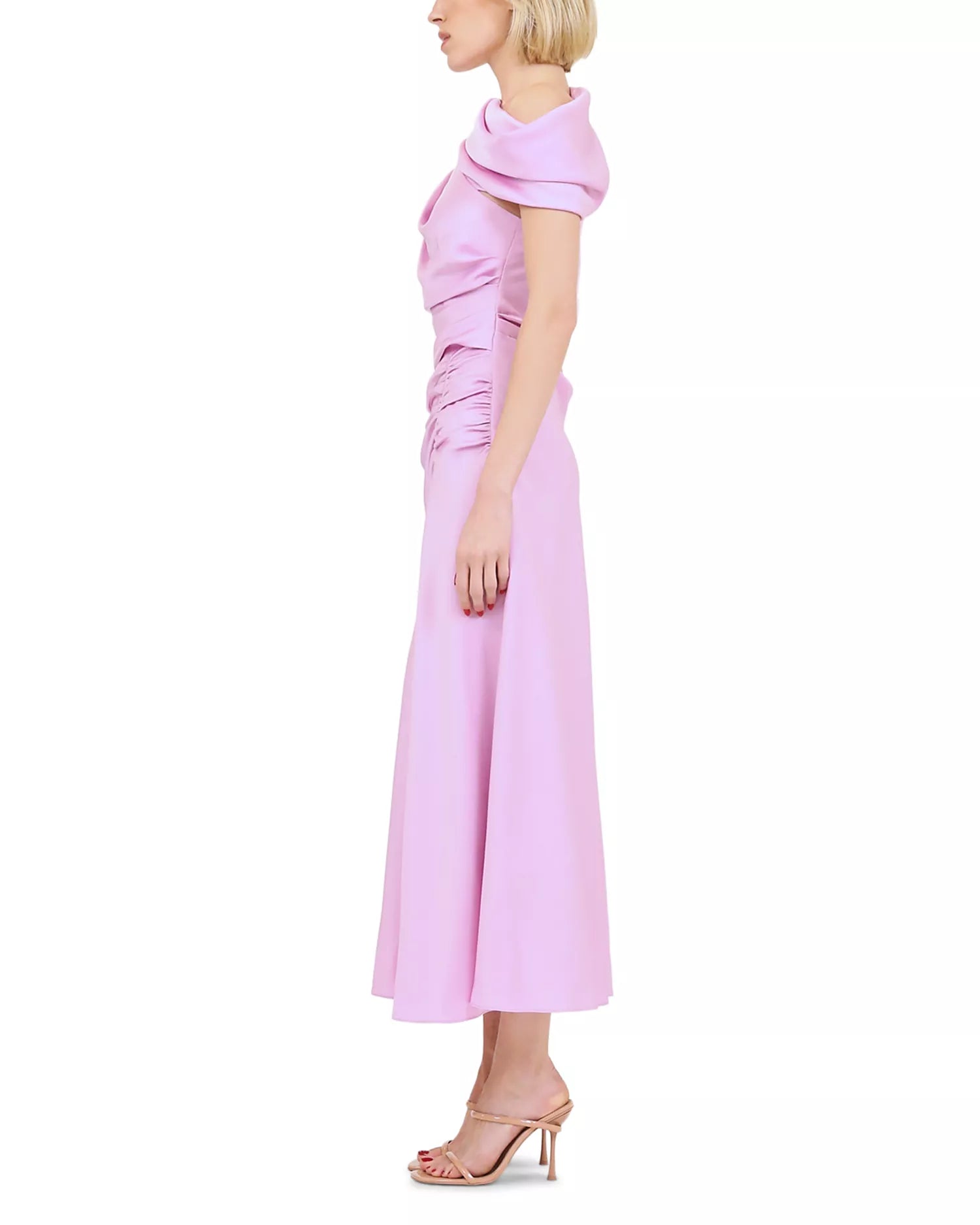 Romantic Sheath One Shoulder Draped Sleeve Ruched Back Midi For Sale Prom Dress