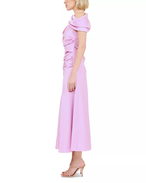 Robe de bal midi fourreau romantique asymétrique drapée à manches froncées dans le dos à vendre