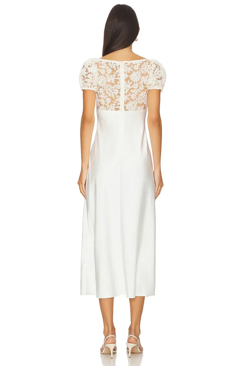 Robe De Soirée Midi Romantique Fourreau Col Cœur Dentelle Manches Courtes Dos Nu