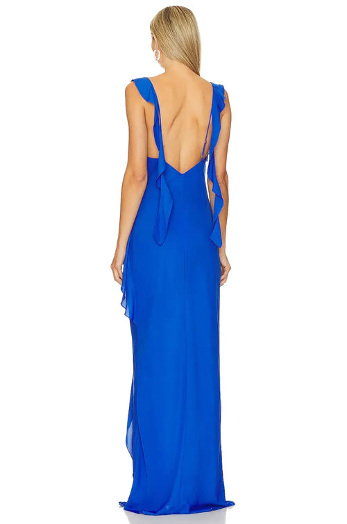 Robe de soirée longue romantique fourreau col en V manches volantées dos ouvert