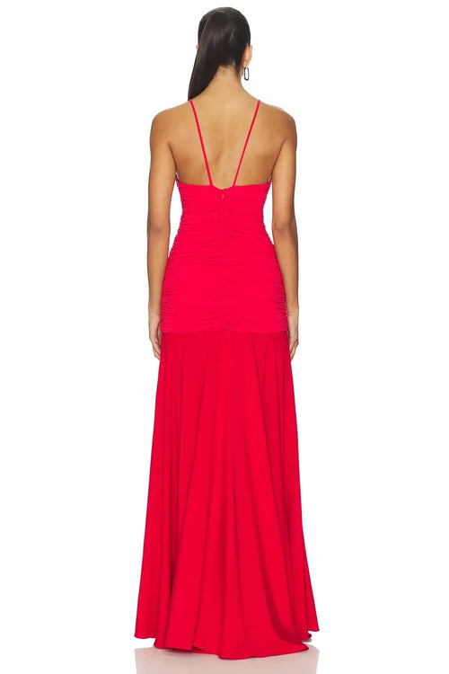 Robe de soirée longue romantique fourreau, col en V, sans manches, dos froncé