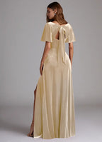 Romantic Sheath Velvet V-Neck Flutter Sleeve Cut Out Bow Back Floor-Length Bridesmaid Dress