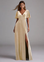 Romantic Sheath Velvet V-Neck Flutter Sleeve Cut Out Bow Back Floor-Length Bridesmaid Dress