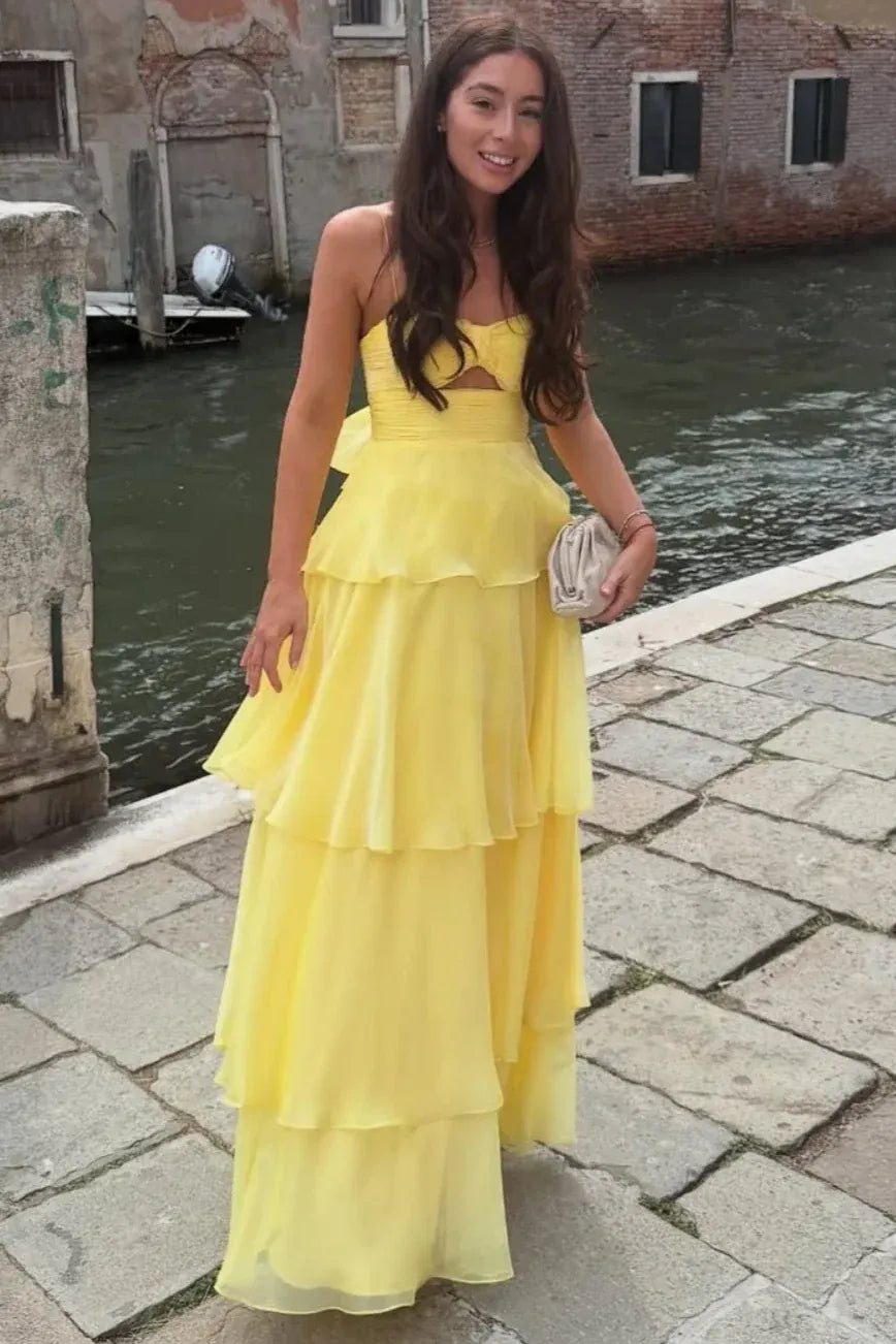 Romantic Spaghetti Strap Bow Cutout Tiered Ruffle Maxi Dress