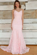 Romantic Spaghetti Strap V-Neck Mermaid Prom Dress With Train