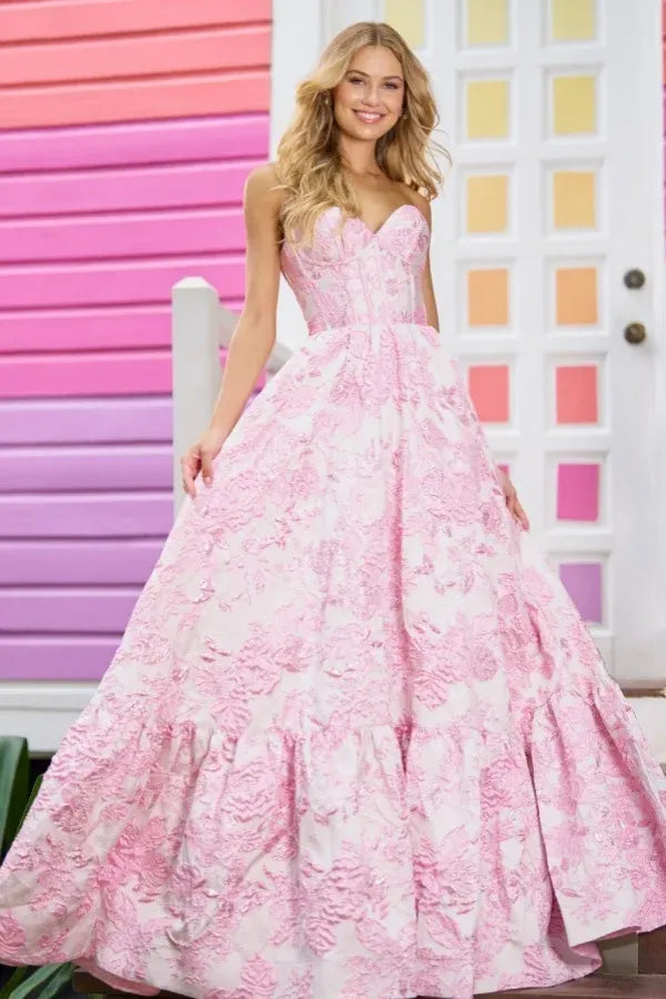 Romantic Strapless Corset Floral Jacquard Tiered A-Line Ball Gown