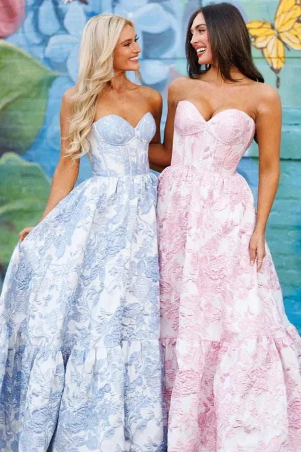 Romantic Strapless Corset Floral Jacquard Tiered A-Line Ball Gown