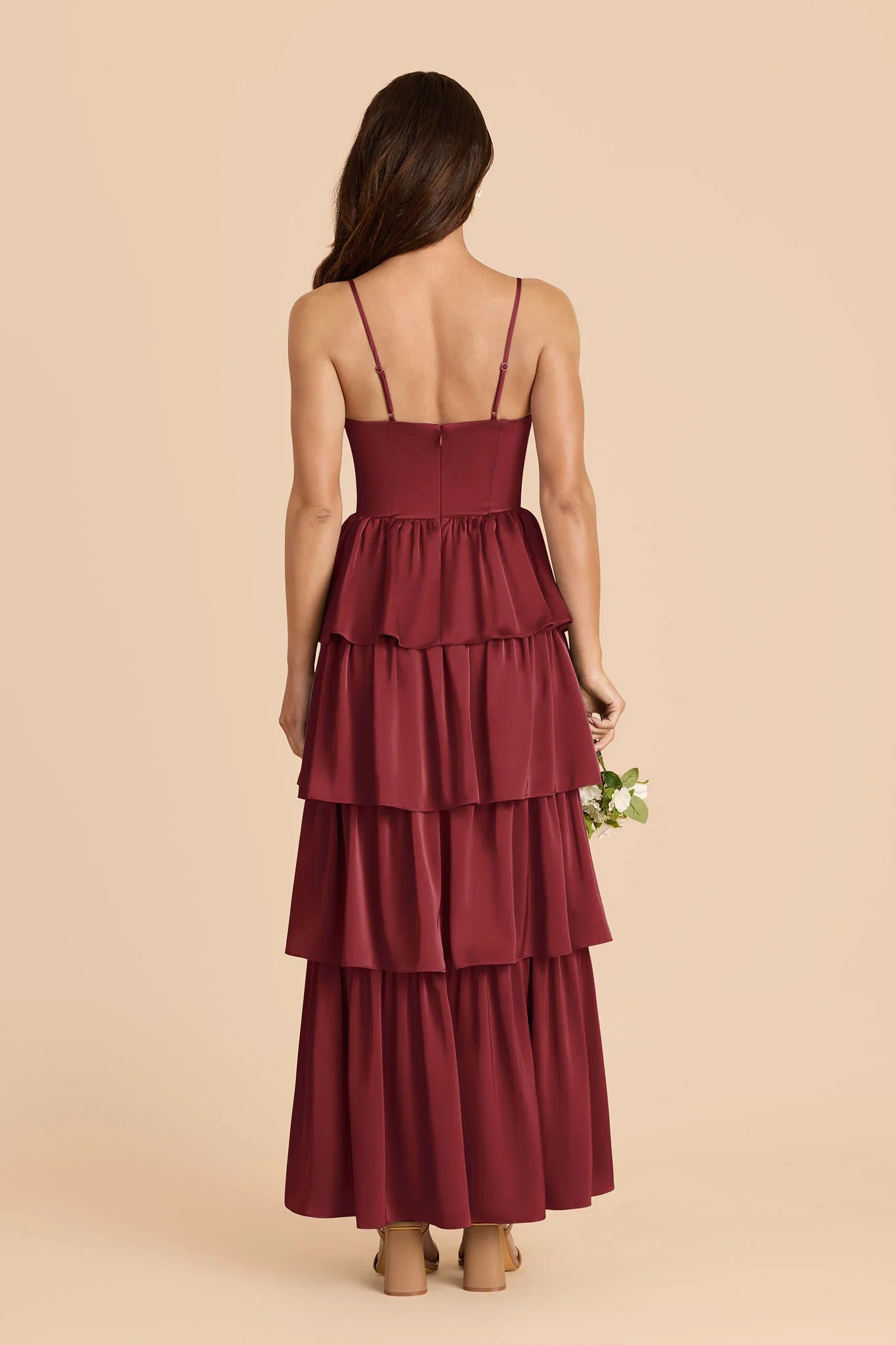 Romantic Tiered Satin Sweetheart Spaghetti Strap Open Back Floor Length Bridesmaid Dress