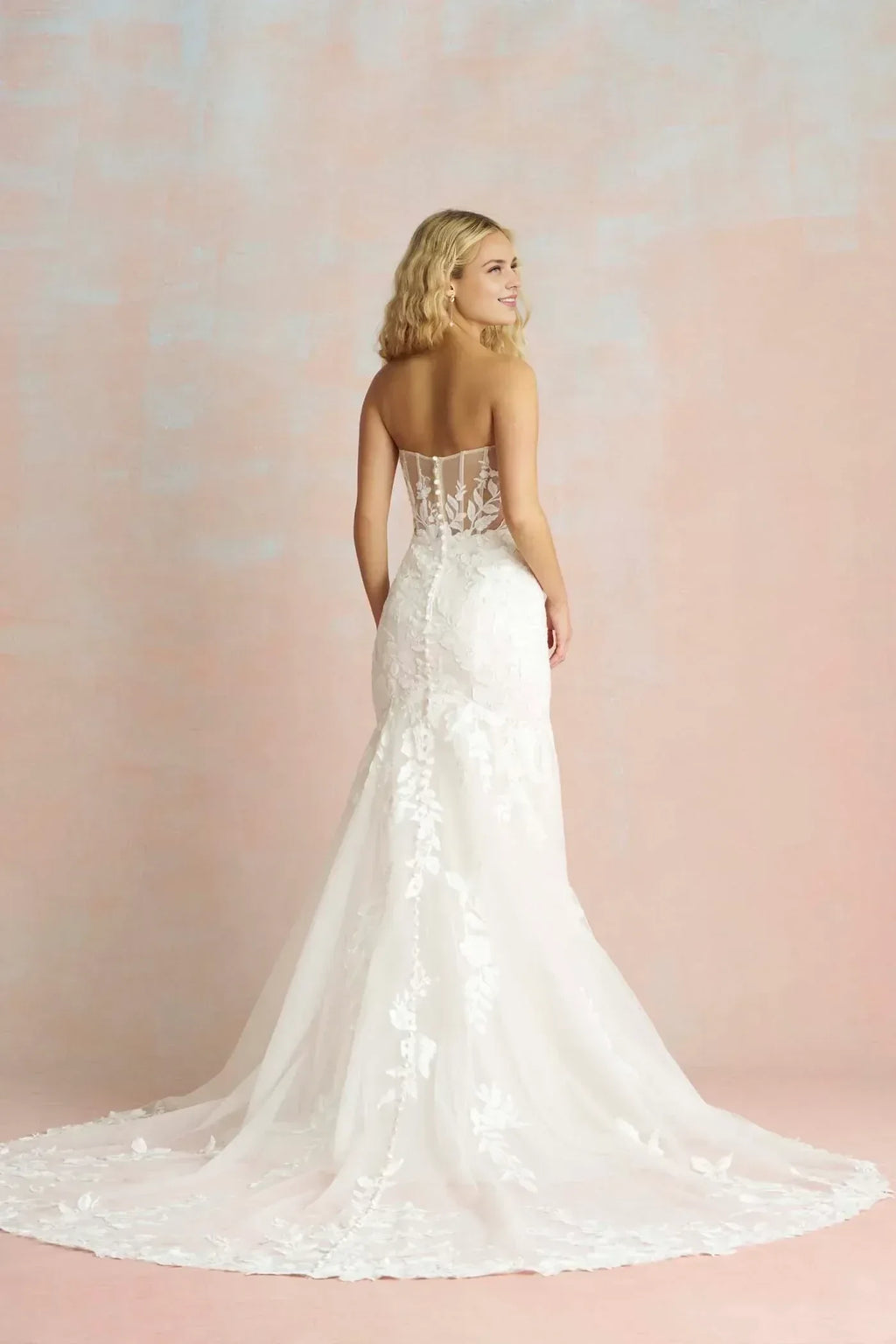 Romantic Trumpet Off Shoulder Long Sleeve Button Back Floor Length Wedding Dress