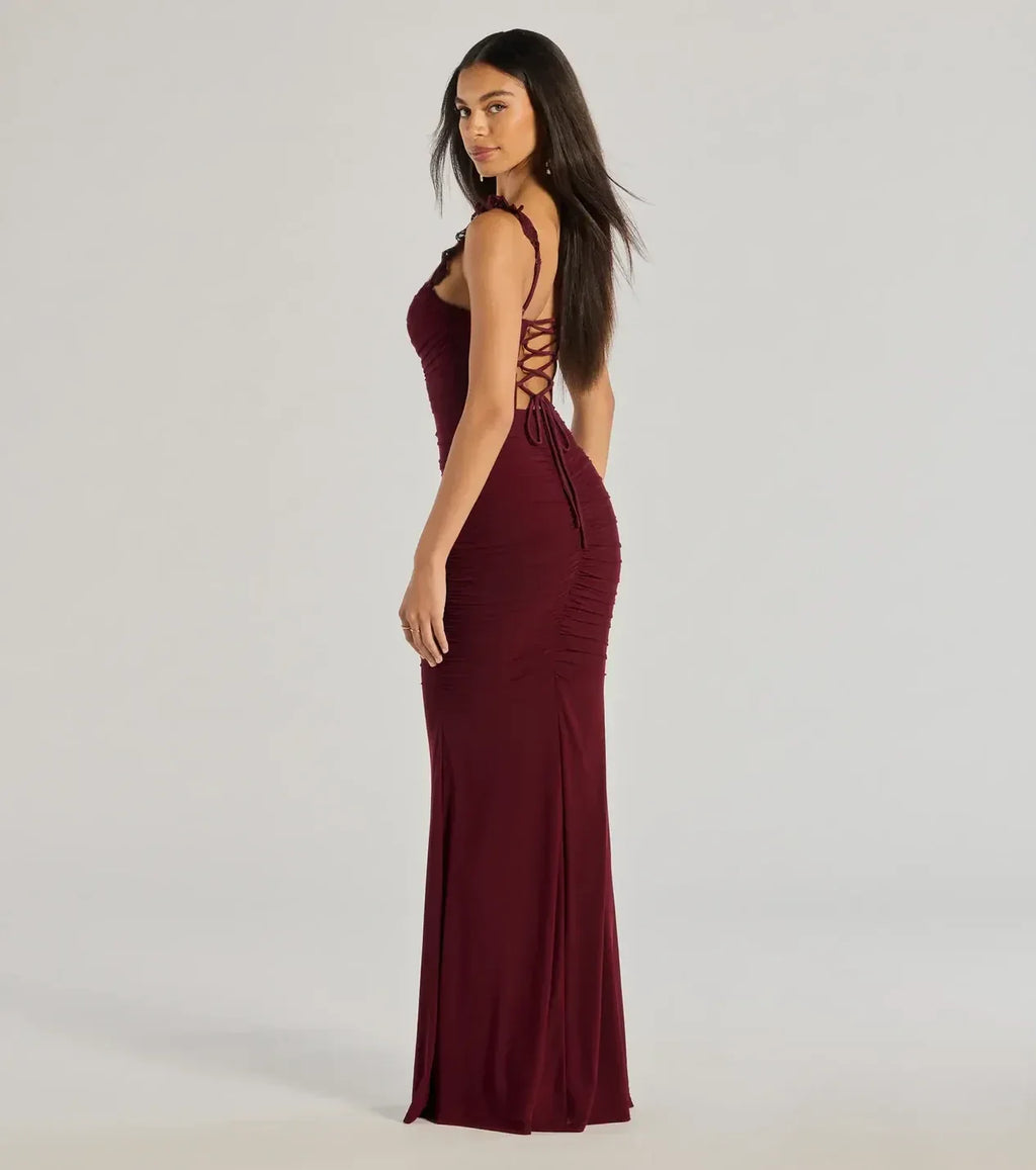 Romantic Trumpet Sweetheart Neck Lace Strap Lace Up Back Floor Length Prom Dress