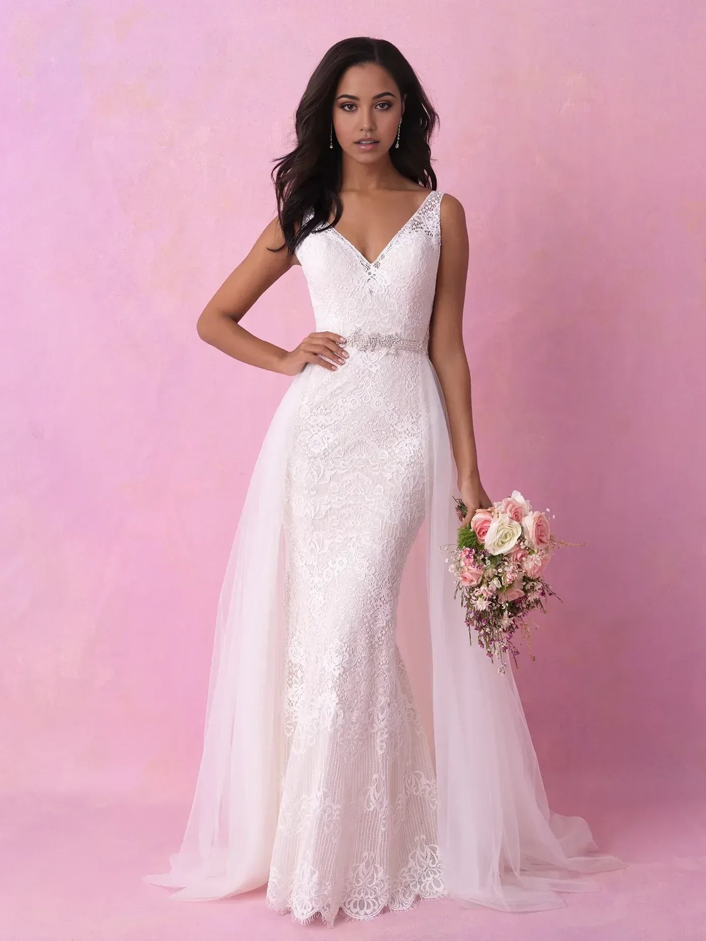Romantic Trumpet V Neck Sleeveless Open Back Floor Length Wedding Dress