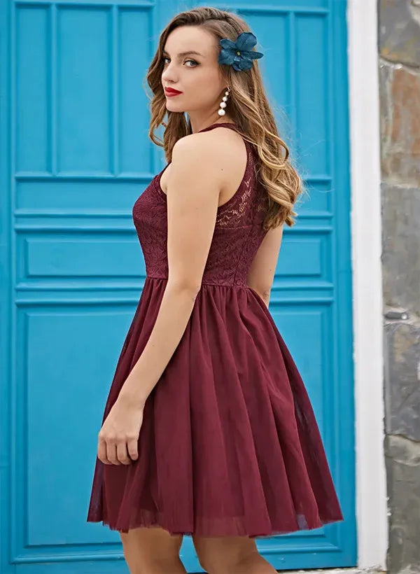 Burgundy Romantic A-Line Halter Sleeveless Knee-length Homecoming Dress
