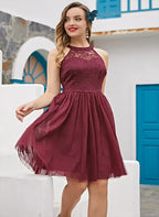 Burgundy Romantic A-Line Halter Sleeveless Knee-length Homecoming Dress