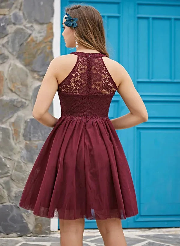 Burgundy Romantic A-Line Halter Sleeveless Knee-length Homecoming Dress