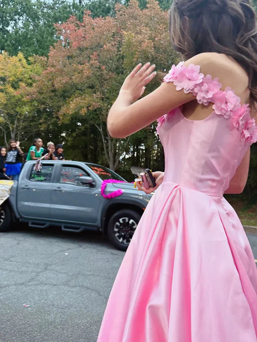 Prom Dress Romantic Pink Off Shoulder Satin With 3D Floral Appliques A Line Floor Length For Women