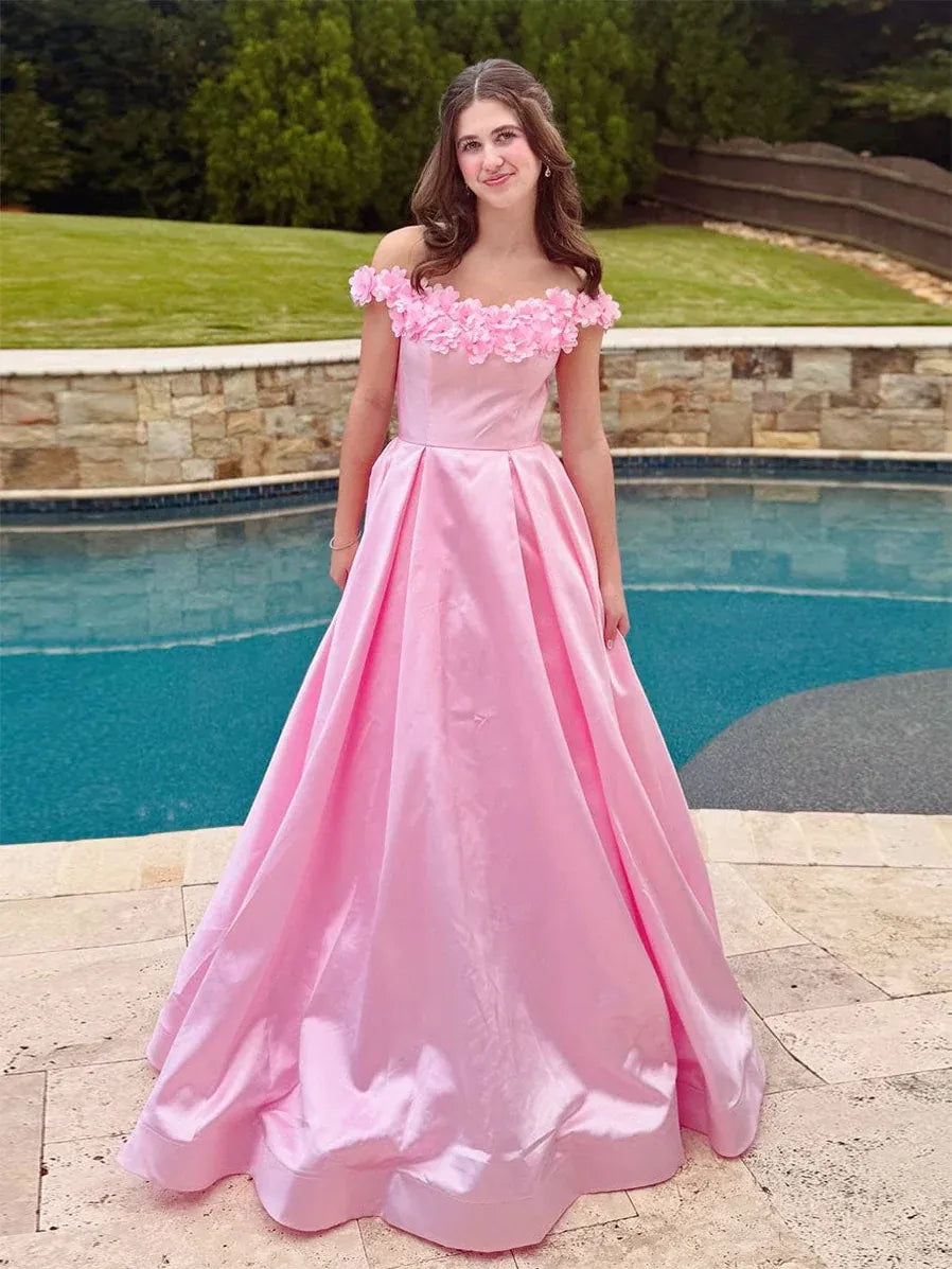 Prom Dress Romantic Pink Off Shoulder Satin With 3D Floral Appliques A Line Floor Length For Women