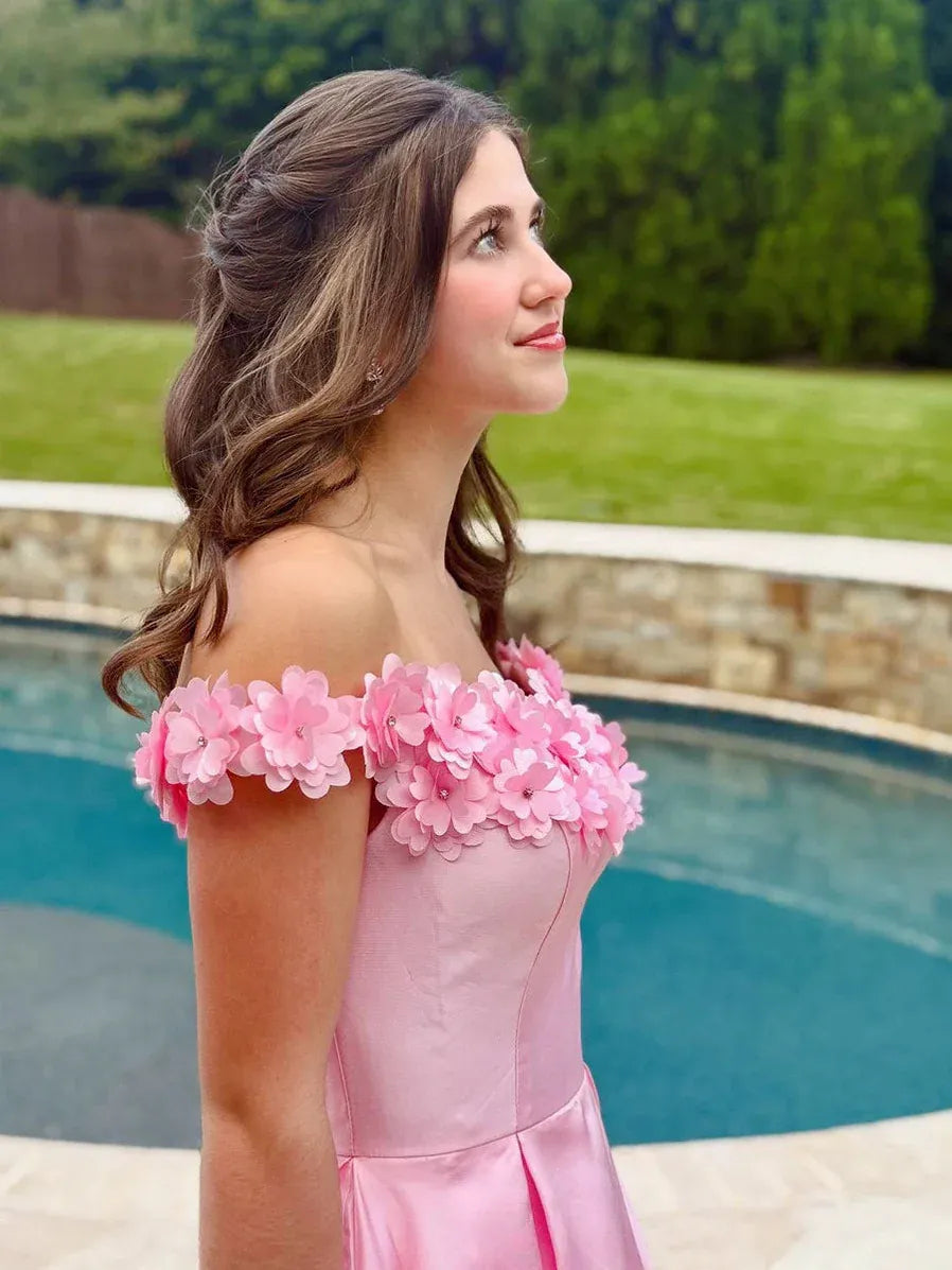 Prom Dress Romantic Pink Off Shoulder Satin With 3D Floral Appliques A Line Floor Length For Women
