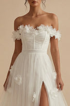 Romantic A-Line Off-Shoulder 3D Floral White Maxi Wedding Dress With Slit