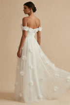 Romantic A-Line Off-Shoulder 3D Floral White Maxi Wedding Dress With Slit