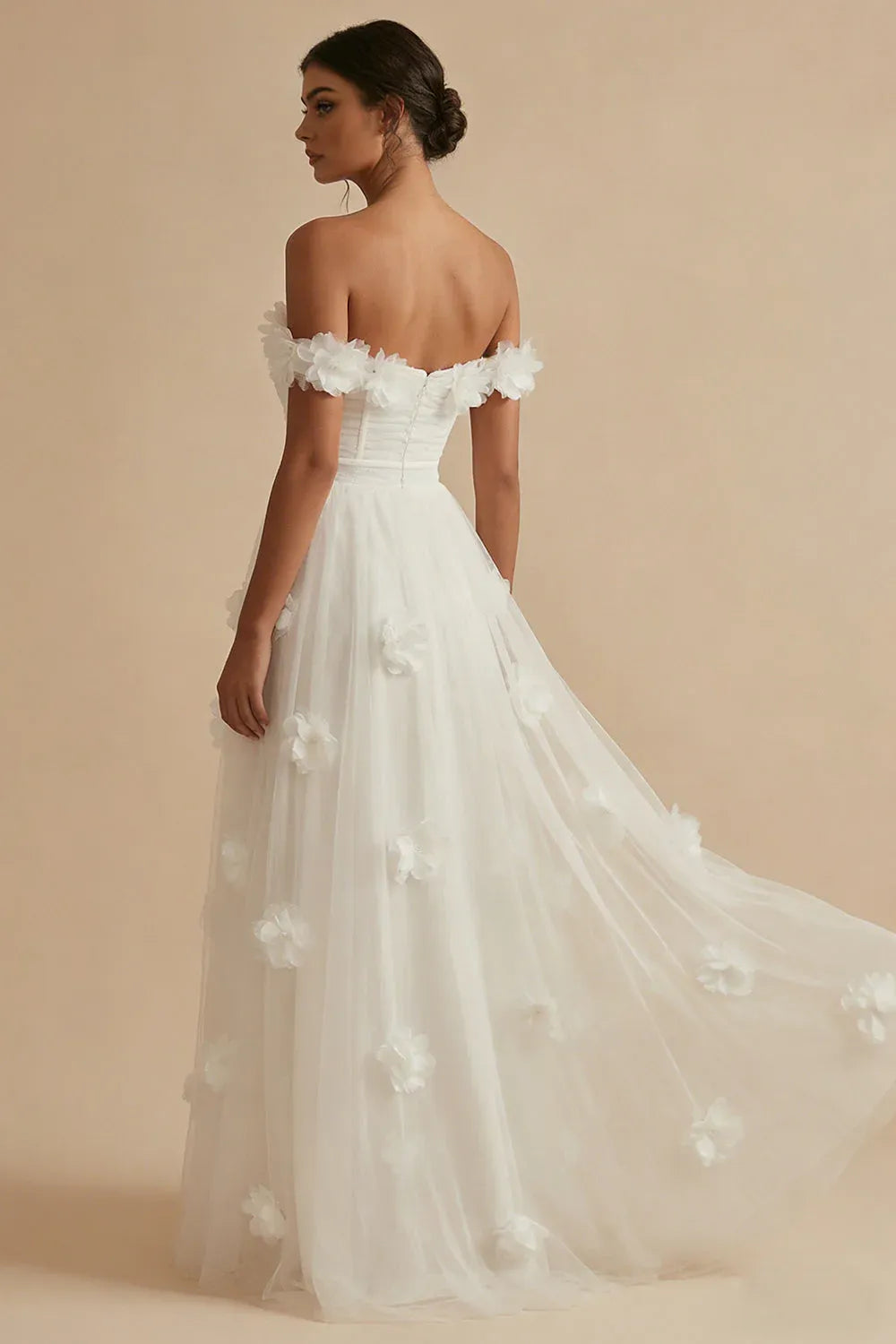 Romantic A-Line Off-Shoulder 3D Floral White Maxi Wedding Dress With Slit