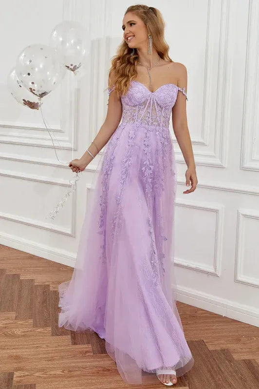 Prom Dress Lavender Off Shoulder With Lace Applique Corset Bodice For Romantic Prom Night A Line Floor Length