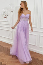 Prom Dress Lavender Off Shoulder With Lace Applique Corset Bodice For Romantic Prom Night A Line Floor Length