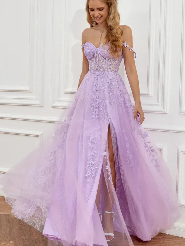Prom Dress Lavender Off Shoulder With Lace Applique Corset Bodice For Romantic Prom Night A Line Floor Length