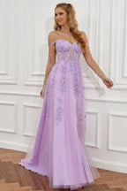 Prom Dress Lavender Off Shoulder With Lace Applique Corset Bodice For Romantic Prom Night A Line Floor Length