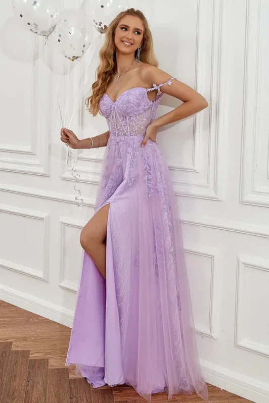 Prom Dress Lavender Off Shoulder With Lace Applique Corset Bodice For Romantic Prom Night A Line Floor Length