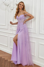 Prom Dress Lavender Off Shoulder With Lace Applique Corset Bodice For Romantic Prom Night A Line Floor Length