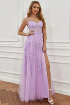Prom Dress Lavender Off Shoulder With Lace Applique Corset Bodice For Romantic Prom Night A Line Floor Length