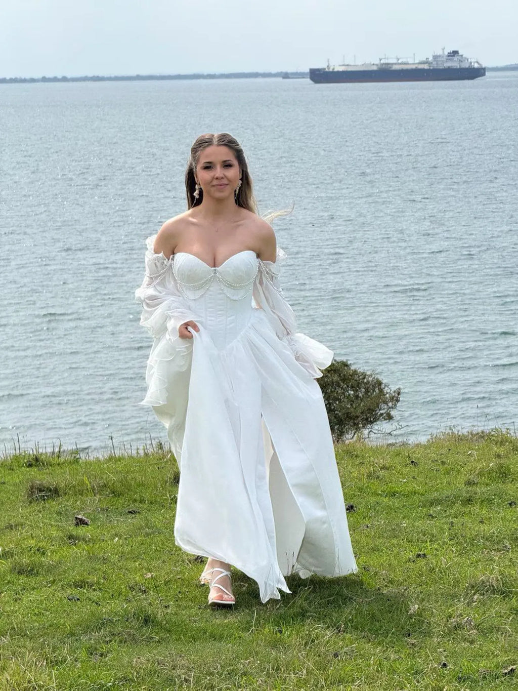 Dreamy Whimsical A Line Off Shoulder Wedding Dress With Beaded Corset Bodice For Free Spirited Brides