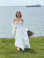 Dreamy Whimsical A Line Off Shoulder Wedding Dress With Beaded Corset Bodice For Free Spirited Brides