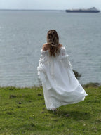 Dreamy Whimsical A Line Off Shoulder Wedding Dress With Beaded Corset Bodice For Free Spirited Brides