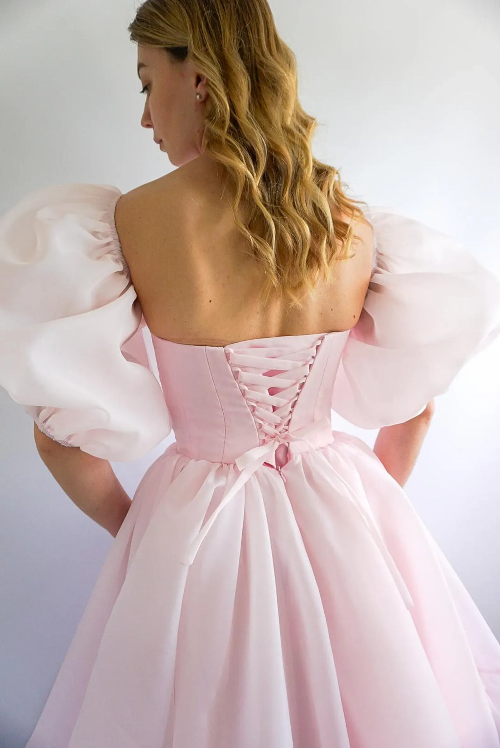 Prom Dress For Women Dreamy Pink Organza Off Shoulder A Line Puff Sleeve Tiered Floor Length