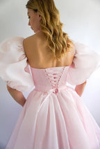 Prom Dress For Women Dreamy Pink Organza Off Shoulder A Line Puff Sleeve Tiered Floor Length