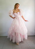 Prom Dress For Women Dreamy Pink Organza Off Shoulder A Line Puff Sleeve Tiered Floor Length